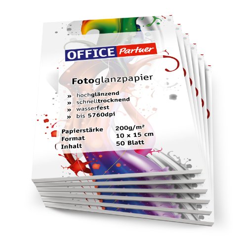 300 Blatt OFFICE-Partner Premium Fotopapier 10x15cm 220g / m² weiß, hochglänzend, wasserfest von OFFICE Partner