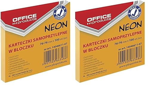 OFFICE PRODUCTS 14046611-07 Haftnotiz 76 x 76 mm, 1 X 100 Blatt, Neon/orangefarbig (Packung mit 2) von OFFICER PRODUCTS