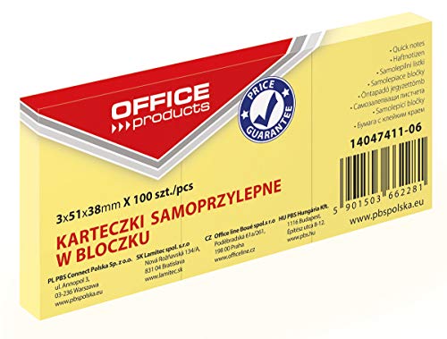 OFFICE PRODUCTS 14047411-06 Haftnotiz 38 x 51 mm, 3 Blöcke mit 100 Blatt, pastellfarbe/kanariengelb von OFFICER PRODUCTS