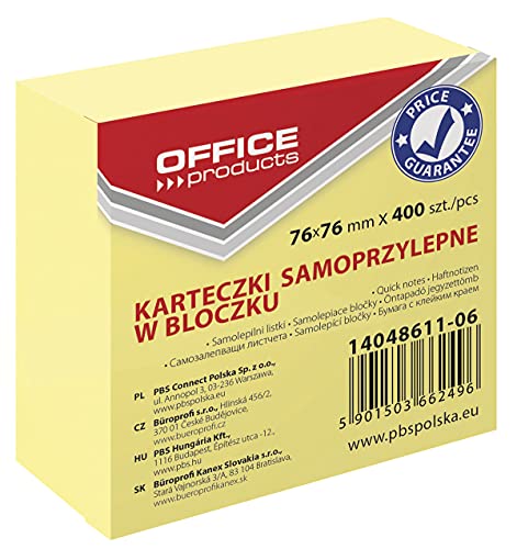 OFFICE PRODUCTS Selbstklebend Haftnotizen Gelb Basic/ 76 x 76 mm/ 1 x 400 Blatt/Klebezettel Notes Würfel Haftnotizkloz Haftnotizzettel Sticky Notes Memo Notizblöcke Quadratisch für Büro Schule von OFFICER PRODUCTS