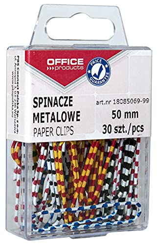 OFFICE PRODUCTS 18085069-99 Büroklammern Metallbriefklammern Zebra Bunte Lackiert in der Box/ 50mm - 30 Stück/Farbig Sortiert/in Praktischer Aufbewahrungsbox von OFFICER PRODUCTS