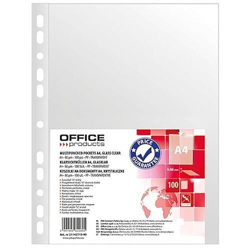 OFFICE PRODUCTS Prospekthülle/Klarsichthüllen Glasklar A4 / 100 Stück/Oben Offen Klarsichthüllen Sicht-Hüllen Gelochte Plastikhülle/Transparent 60 mikron/Verstärkte Kante von OFFICER PRODUCTS