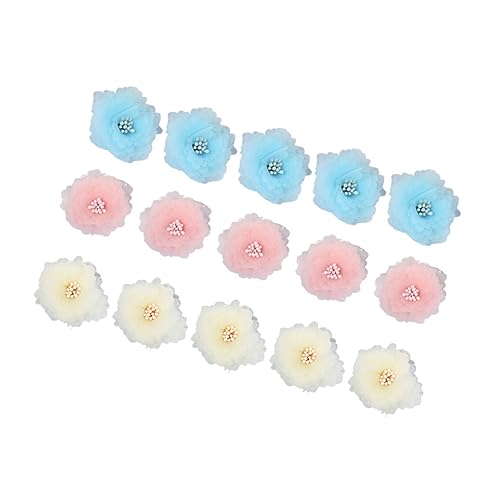 OFFIGAM 15 Stück Stoff Kunst Garn Kern Blumen DIY Dekorative Blumen Gadgets Kleidung Blumen Zubehör (blau + Pink + Beige, 5 Stück/Jede Farbe) von OFFIGAM