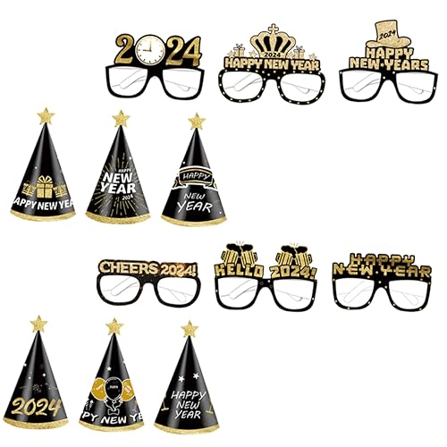 OFFSCH 1 Satz 2024 Schwarz Gold Papier 3D Brille Kindergeburtstag Party Requisiten Silvester Partyhut Silvester Requisiten office party weihnachtskrippe Gläser Hüte von OFFSCH