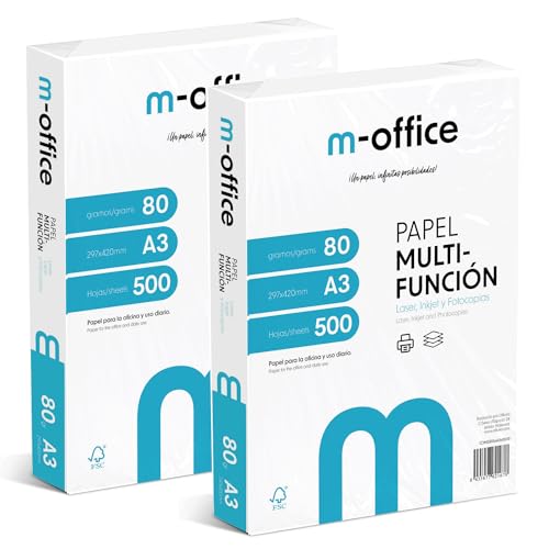 A3-Papier, 80 g, 2 Packung mit 500 Blatt, Multifunktionspapier für Inkjet- und Laserdrucker, A3-Blätter, 297 x 420 mm, ideal für Büro und Zuhause · m-office (1000 Blatt) von OFITURIA