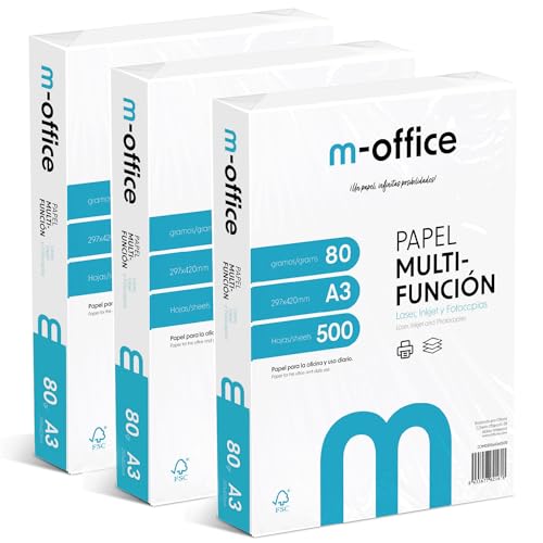 A3-Papier, 80 g, 3 Packung mit 500 Blatt, Multifunktionspapier für Inkjet- und Laserdrucker, A3-Blätter, 297 x 420 mm, ideal für Büro und Zuhause · m-office (1500 Blatt) von OFITURIA