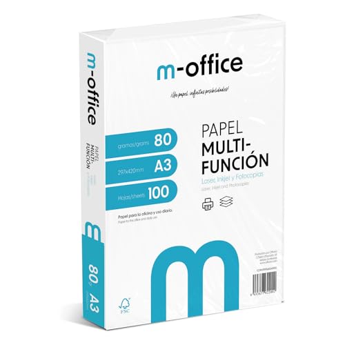 A3-Papier, 80 g, Packung mit 100 Blatt, Multifunktionspapier für Inkjet- und Laserdrucker, A3-Blätter, 297 x 420 mm, ideal für Büro und Zuhause · m-office (100 Blatt) von OFITURIA