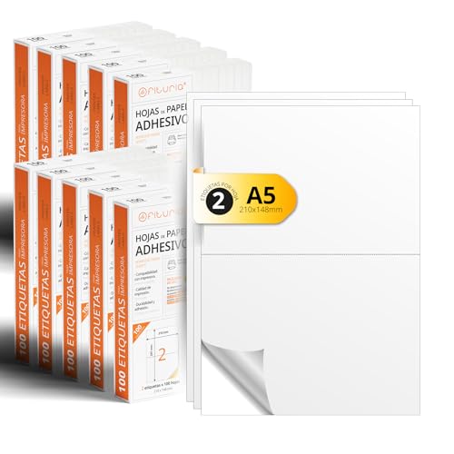 A4-Bögen mit weißen selbstklebenden Etiketten, Erstellen Sie Ihre eigenen individuellen, Sicherer selbstklebender A4-Papier, Selbstklebendes Etikett zum Bedrucken - Ofituria (2 pro Blatt, 2000 Bögen) von OFITURIA