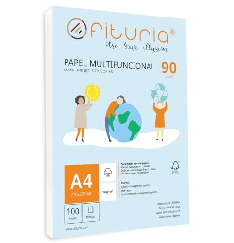 A4-Papier, 90 g, mit 100 weißen Blättern, multifunktionales Papier für Schule und Arbeitsumgebung. Ideal für Laserdrucker, Inkjetdrucker oder Kopierer. Ofituria von OFITURIA