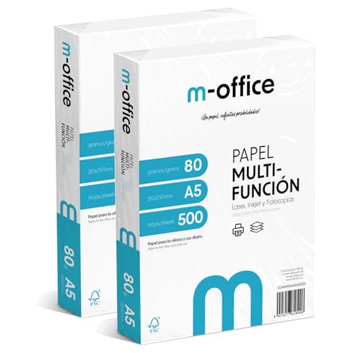 A5-Papier, 80 g, 2 Packung mit 500 Blatt, Multifunktionspapier für Inkjet- und Laserdrucker, A5-Blätter, 148 x 210 mm, ideal für Büro und Zuhause · m-office (1000 Blatt) von OFITURIA