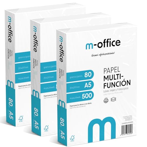 A5-Papier, 80 g, 3 Packung mit 500 Blatt, Multifunktionspapier für Inkjet- und Laserdrucker, A5-Blätter, 148 x 210 mm, ideal für Büro und Zuhause · m-office (1500 Blatt) von OFITURIA