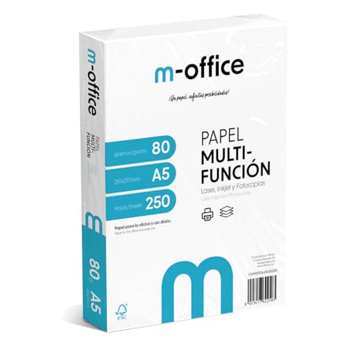 A5-Papier, 80 g, Packung mit 250 Blatt, Multifunktionspapier für Inkjet- und Laserdrucker, A5-Blätter, 148 x 210 mm, ideal für Büro und Zuhause · m-office (250 Blatt) von OFITURIA