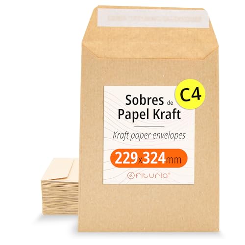 Kraftpapier-Umschläge, Umschläge für Dokumente, Geschenke, Hochzeitseinladungen und Versand, Robuste und Vielseitige Papiertüten für Gelegenheiten, Größe C4 - Ofituria (229x324, 100 Stück) von OFITURIA