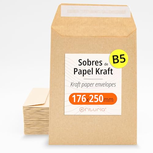 Kraftpapier-Umschläge, Umschläge für Dokumente, Geschenke, Hochzeitseinladungen und Versand, Robuste und Vielseitige Papiertüten für alle Gelegenheiten, Größe B5 - Ofituria (176x250, 100 Stück) von OFITURIA