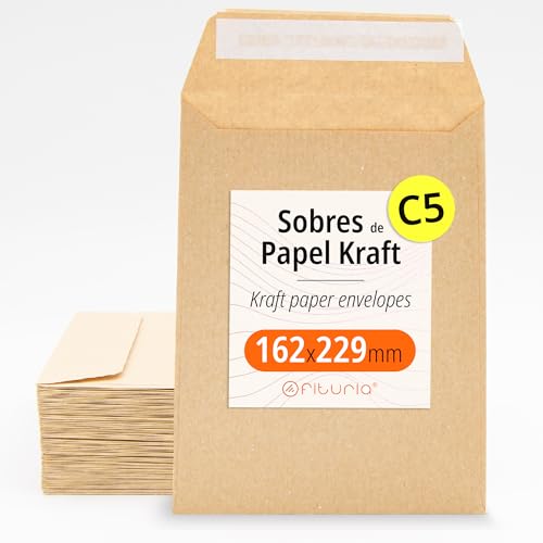 Kraftpapier-Umschläge, Umschläge für Dokumente, Geschenke, Hochzeitseinladungen und Versand, Robuste und Vielseitige Papiertüten für alle Gelegenheiten, Größe C5 - Ofituria (162x229, 100 Stück) von OFITURIA