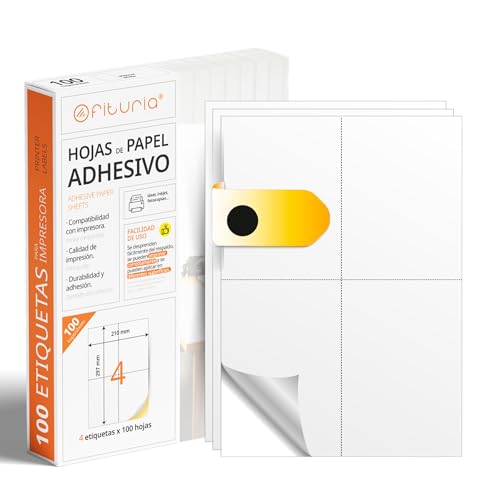 OFITURIA - Etiqueta Adhesiva Blanca (A4) Papel de Pegatina para Imprimir Pack 100 Folios con Papel Adhesivo Permanente y Fácil Despegue (100 Hojas, A6) von OFITURIA