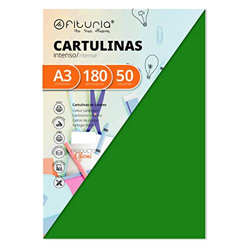 OFITURIA FAB-16574 Pack 50 Cartulinas Color Verde Oscuro Tamaño A3, 180g von OFITURIA