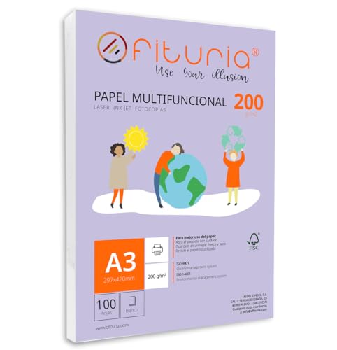 Packung mit 100 weißen DIN A3 Blättern, 200g Druckerpapier. Multifunktionales Kopierpapier für Schule und Büro. Ideal für Laserdrucker, Tintenstrahldrucker oder Kopierer – Ofituria von OFITURIA