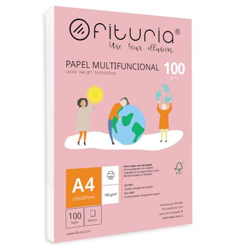 Packung mit 100 weißen DIN A4 Blättern, 100g Druckerpapier. Multifunktionales Kopierpapier für Schule und Büro. Ideal für Laserdrucker, Tintenstrahldrucker oder Kopierer – Ofituria von OFITURIA