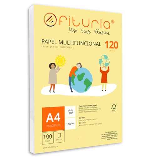 Packung mit 100 weißen DIN A4 Blättern, 120g Druckerpapier. Multifunktionales Kopierpapier für Schule und Büro. Ideal für Laserdrucker, Tintenstrahldrucker oder Kopierer – Ofituria von OFITURIA