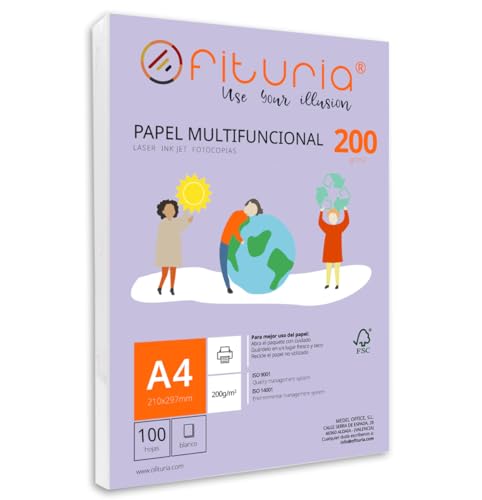 Packung mit 100 weißen DIN A4 Blättern, 200g Druckerpapier. Multifunktionales Kopierpapier für Schule und Büro. Ideal für Laserdrucker, Tintenstrahldrucker oder Kopierer – Ofituria von OFITURIA