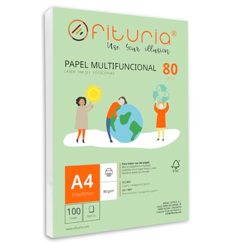 Packung mit 100 weißen DIN A4 Blättern, 80g Druckerpapier. Multifunktionales Kopierpapier für Schule und Büro. Ideal für Laserdrucker, Tintenstrahldrucker oder Kopierer – Ofituria von OFITURIA