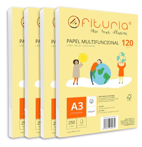 Packung mit 1000 weißen DIN A3 Blättern, 120g Druckerpapier. Multifunktionales Kopierpapier für Schule und Büro. Ideal für Laserdrucker, Tintenstrahldrucker oder Kopierer – Ofituria von OFITURIA