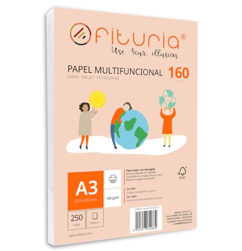 Packung mit 250 weißen DIN A3 Blättern, 160g Druckerpapier. Multifunktionales Kopierpapier für Schule und Büro. Ideal für Laserdrucker, Tintenstrahldrucker oder Kopierer – Ofituria von OFITURIA