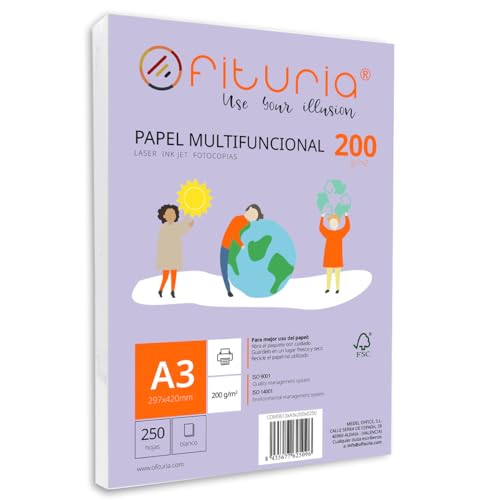 Packung mit 250 weißen DIN A3 Blättern, 200g Druckerpapier. Multifunktionales Kopierpapier für Schule und Büro. Ideal für Laserdrucker, Tintenstrahldrucker oder Kopierer – Ofituria von OFITURIA