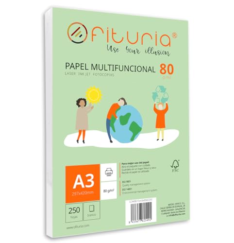 Packung mit 250 weißen DIN A3 Blättern, 80g Druckerpapier. Multifunktionales Kopierpapier für Schule und Büro. Ideal für Laserdrucker, Tintenstrahldrucker oder Kopierer – Ofituria von OFITURIA