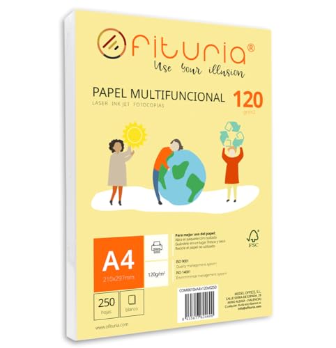 Packung mit 250 weißen DIN A4 Blättern, 120g Druckerpapier. Multifunktionales Kopierpapier für Schule und Büro. Ideal für Laserdrucker, Tintenstrahldrucker oder Kopierer – Ofituria von OFITURIA