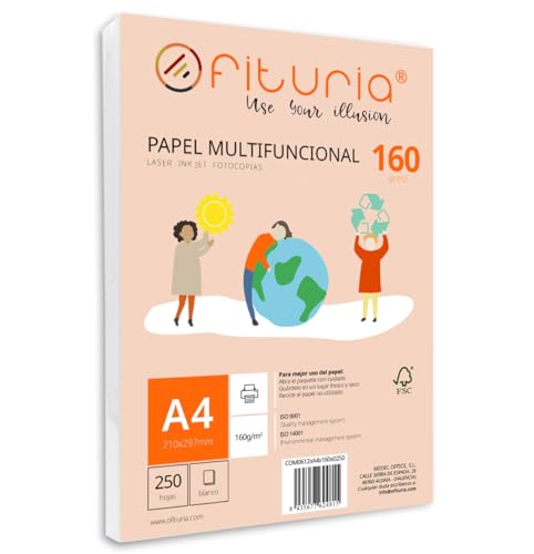 Packung mit 250 weißen DIN A4 Blättern, 160g Druckerpapier. Multifunktionales Kopierpapier für Schule und Büro. Ideal für Laserdrucker, Tintenstrahldrucker oder Kopierer – Ofituria von OFITURIA