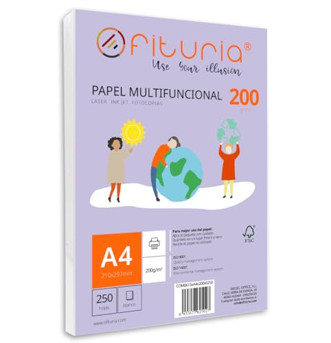 Packung mit 250 weißen DIN A4 Blättern, 200g Druckerpapier. Multifunktionales Kopierpapier für Schule und Büro. Ideal für Laserdrucker, Tintenstrahldrucker oder Kopierer – Ofituria von OFITURIA