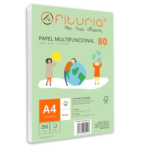 Packung mit 250 weißen DIN A4 Blättern, 80g Druckerpapier. Multifunktionales Kopierpapier für Schule und Büro. Ideal für Laserdrucker, Tintenstrahldrucker oder Kopierer – Ofituria von OFITURIA