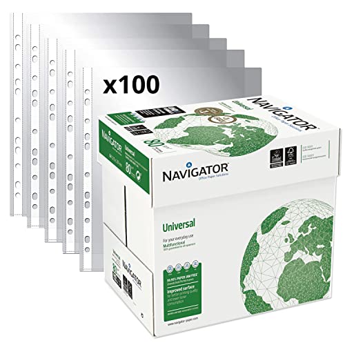 Packung mit 2500 Blatt Navigator Universal A4 80 g + 100 Kunststoff-Folio-Hüllen, DIN A4 - Opituria (2500 Blatt + 100 Hüllen) von OFITURIA