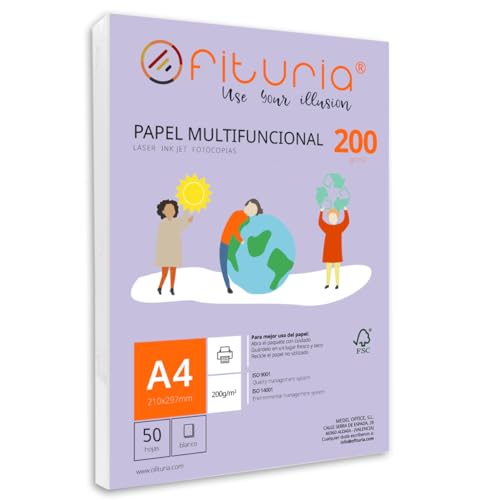 Packung mit 50 weißen DIN A4 Blättern, 200g Druckerpapier. Multifunktionales Kopierpapier für Schule und Büro. Ideal für Laserdrucker, Tintenstrahldrucker oder Kopierer – Ofituria von OFITURIA