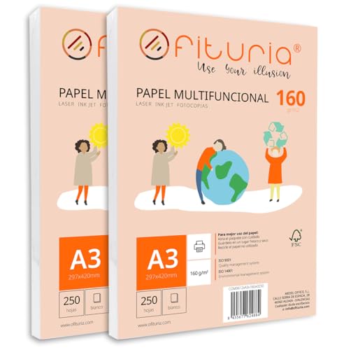 Packung mit 500 weißen DIN A3 Blättern, 160g Druckerpapier. Multifunktionales Kopierpapier für Schule und Büro. Ideal für Laserdrucker, Tintenstrahldrucker oder Kopierer – Ofituria von OFITURIA