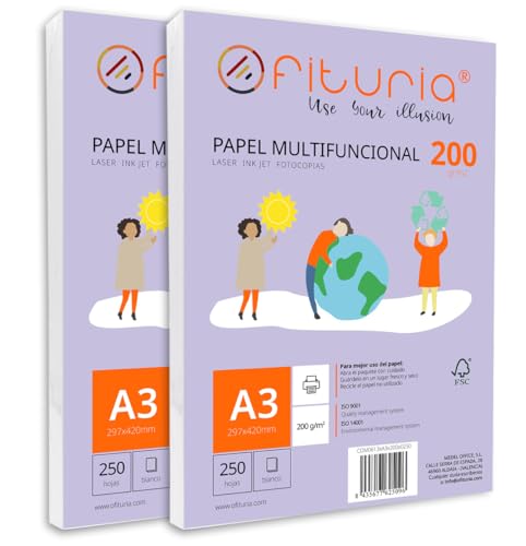 Packung mit 500 weißen DIN A3 Blättern, 200g Druckerpapier. Multifunktionales Kopierpapier für Schule und Büro. Ideal für Laserdrucker, Tintenstrahldrucker oder Kopierer – Ofituria von OFITURIA