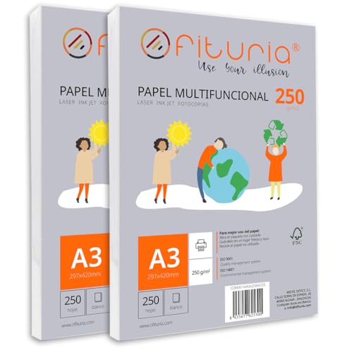 Packung mit 500 weißen DIN A3 Blättern, 250g Druckerpapier. Multifunktionales Kopierpapier für Schule und Büro. Ideal für Laserdrucker, Tintenstrahldrucker oder Kopierer – Ofituria von OFITURIA