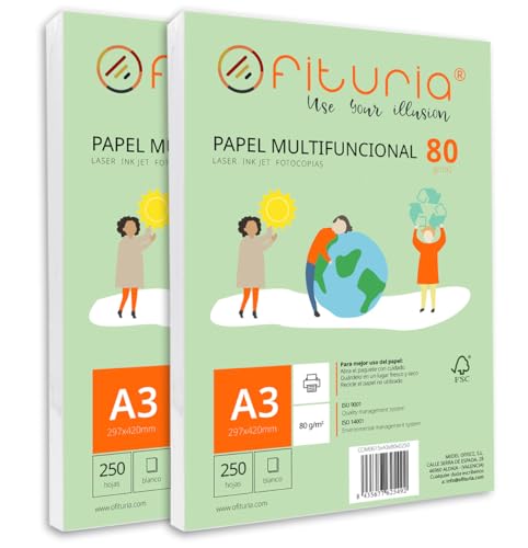 Packung mit 500 weißen DIN A3 Blättern, 80g Druckerpapier. Multifunktionales Kopierpapier für Schule und Büro. Ideal für Laserdrucker, Tintenstrahldrucker oder Kopierer – Ofituria von OFITURIA