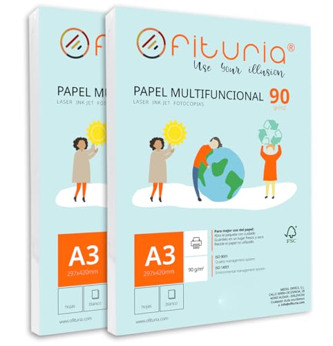 Packung mit 500 weißen DIN A3 Blättern, 90g Druckerpapier. Multifunktionales Kopierpapier für Schule und Büro. Ideal für Laserdrucker, Tintenstrahldrucker oder Kopierer – Ofituria von OFITURIA