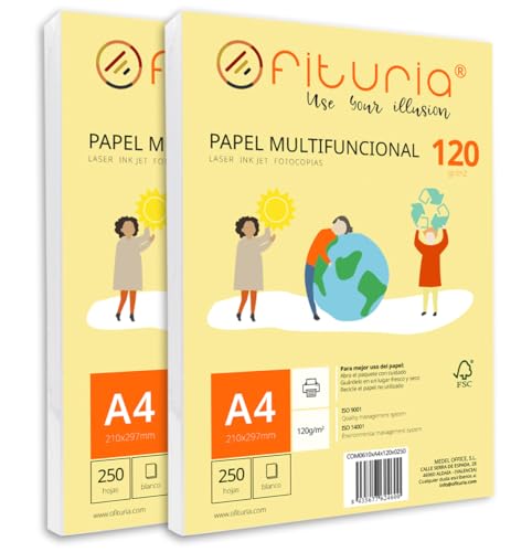 Packung mit 500 weißen DIN A4 Blättern, 120g Druckerpapier. Multifunktionales Kopierpapier für Schule und Büro. Ideal für Laserdrucker, Tintenstrahldrucker oder Kopierer – Ofituria von OFITURIA