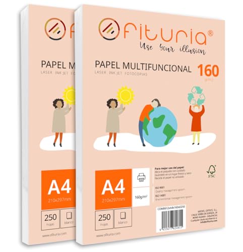 Packung mit 500 weißen DIN A4 Blättern, 160g Druckerpapier. Multifunktionales Kopierpapier für Schule und Büro. Ideal für Laserdrucker, Tintenstrahldrucker oder Kopierer – Ofituria von OFITURIA