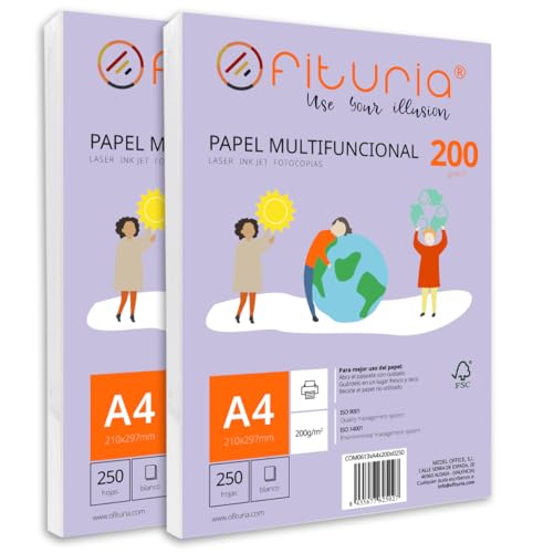 Packung mit 500 weißen DIN A4 Blättern, 200g Druckerpapier. Multifunktionales Kopierpapier für Schule und Büro. Ideal für Laserdrucker, Tintenstrahldrucker oder Kopierer – Ofituria von OFITURIA