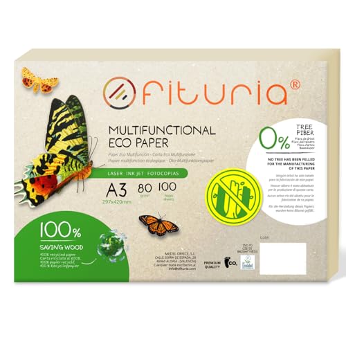 Recyclingpapier, A3, 80 g, 100 Blatt, 100% aus Recyclingpapier, Packung mit recycelten Papierbögen, natürliche Farbe, geeignet für Laserdrucker und Inkjet, Gastronomie (100 Blatt) von OFITURIA