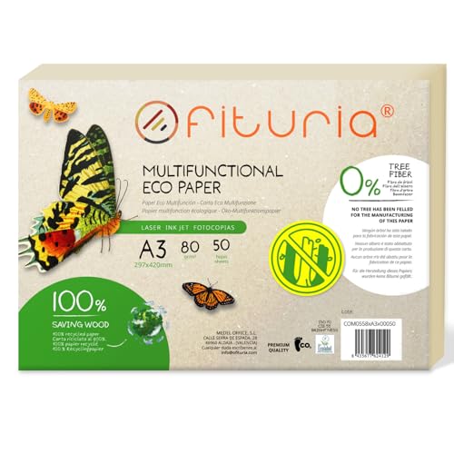 Recyclingpapier, A3, 80 g, 50 Blatt, 100% aus Recyclingpapier, Packung mit recycelten Papierbögen, natürliche Farbe, geeignet für Laserdrucker und Inkjet, Gastronomie (50 Blatt) von OFITURIA