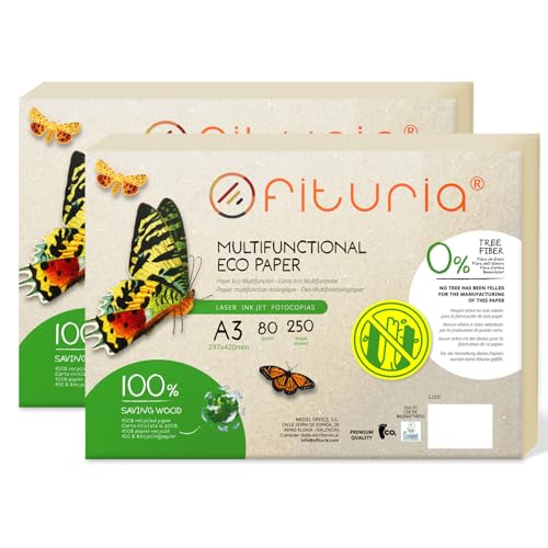 Recyclingpapier, A3, 80 g, Blatt, 100% aus Recyclingpapier, Packung mit recycelten Papierbögen, natürliche Farbe, geeignet für Laserdrucker und Inkjet, Gastronomie (500 Blatt) von OFITURIA