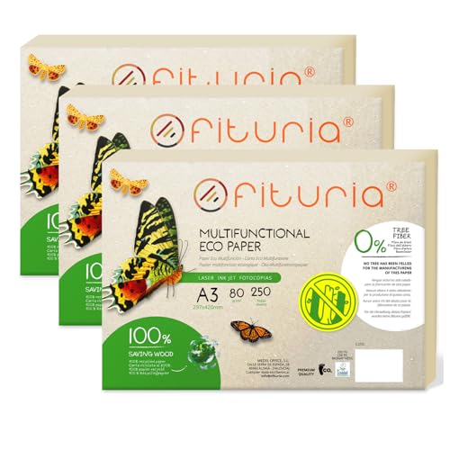 Recyclingpapier, A3, 80 g, Blatt, 100% aus Recyclingpapier, Packung mit recycelten Papierbögen, natürliche Farbe, geeignet für Laserdrucker und Inkjet, Gastronomie (750 Blatt) von OFITURIA