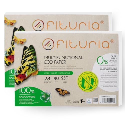 Recyclingpapier, A4, 80 g, 500 Blatt, 100% aus Recyclingpapier, Packung mit recycelten Papierbögen, natürliche Farbe, geeignet für Laserdrucker und Inkjet, Gastronomie (500 Blatt) von OFITURIA