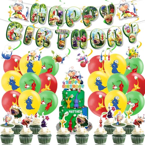 Cartoon Geburtstags Dekorationen 38pcs Spiel Party Deko Geburtstagsfeier Dekorationen Cake Toppers Geburtstag Banner Dekoration Pikmin Ballon für Kinder von OFKAFEZV